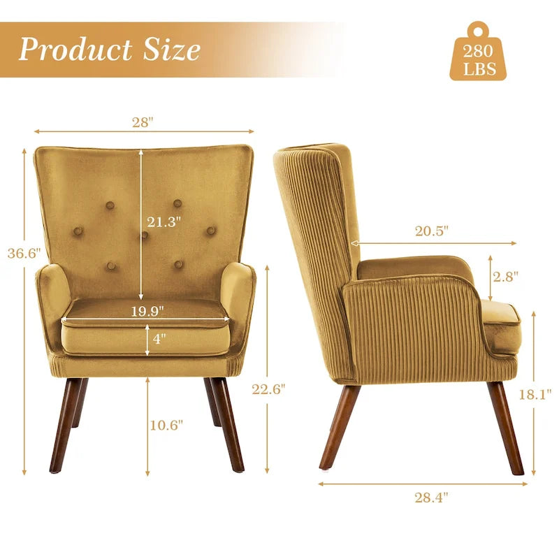 Velvet Wingback Button-Tufted Accent Armchair Upholstered with Steel Frame