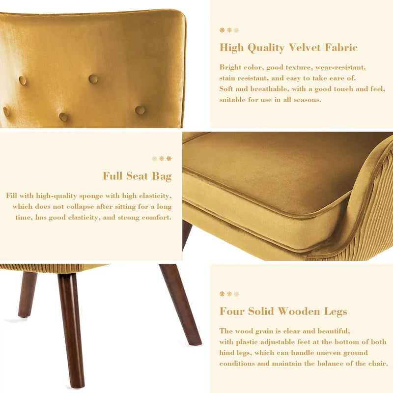 Velvet Wingback Button-Tufted Accent Armchair Upholstered with Steel Frame
