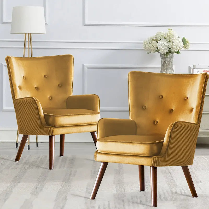 Velvet Wingback Button-Tufted Accent Armchair Upholstered with Steel Frame