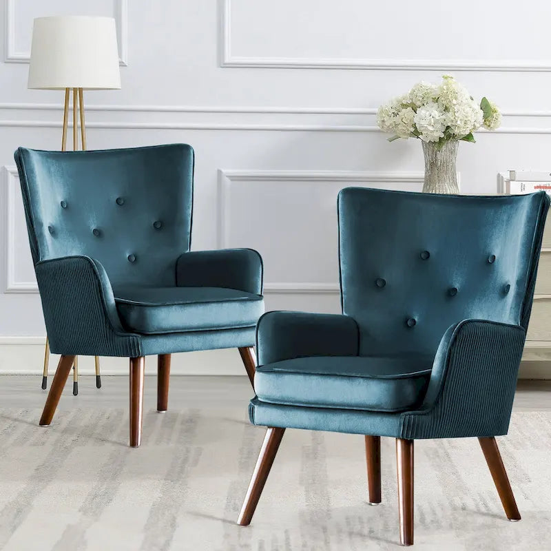 Velvet Wingback Button-Tufted Accent Armchair Upholstered with Steel Frame