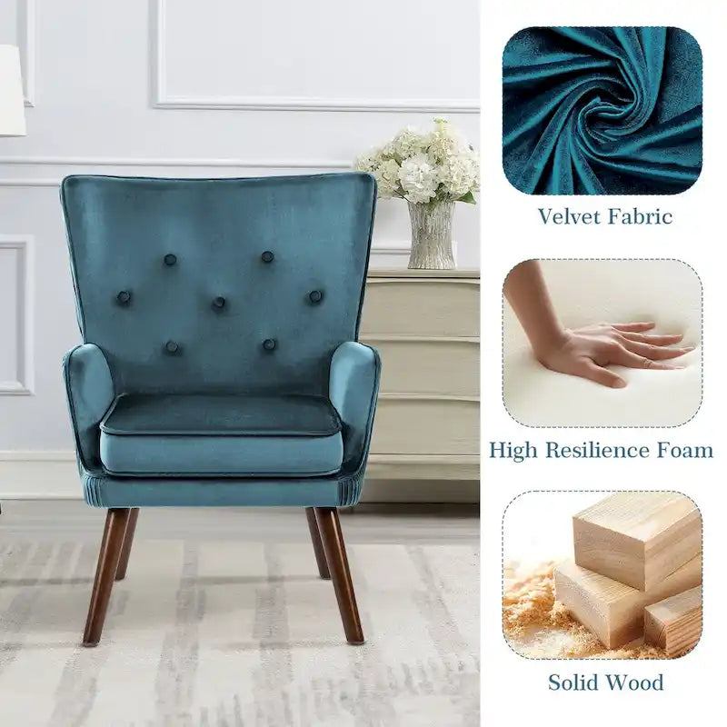 Velvet Wingback Button-Tufted Accent Armchair Upholstered with Steel Frame