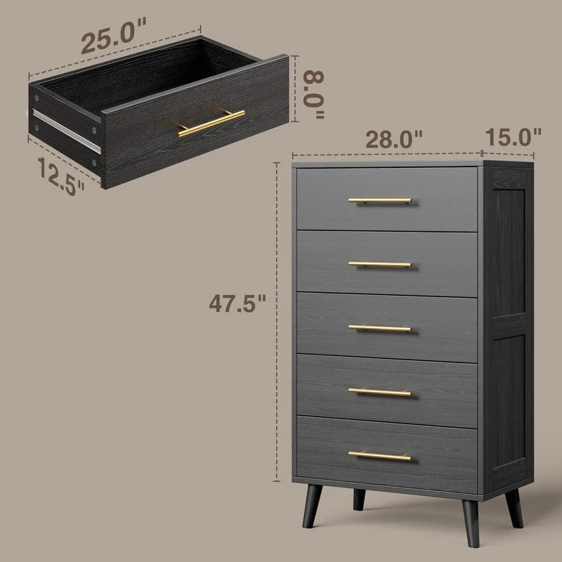 5-Drawer Chest of Drawers with Metal Knobs, Black or White