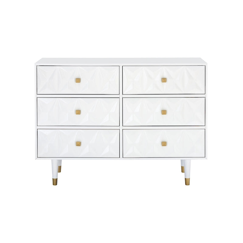 White Six-Drawer Dresser with Gold Geometric Textured Glam Tapered Legs