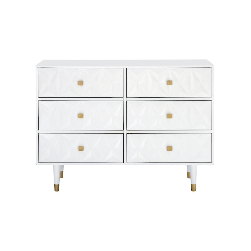 White Six-Drawer Dresser with Gold Geometric Textured Glam Tapered Legs