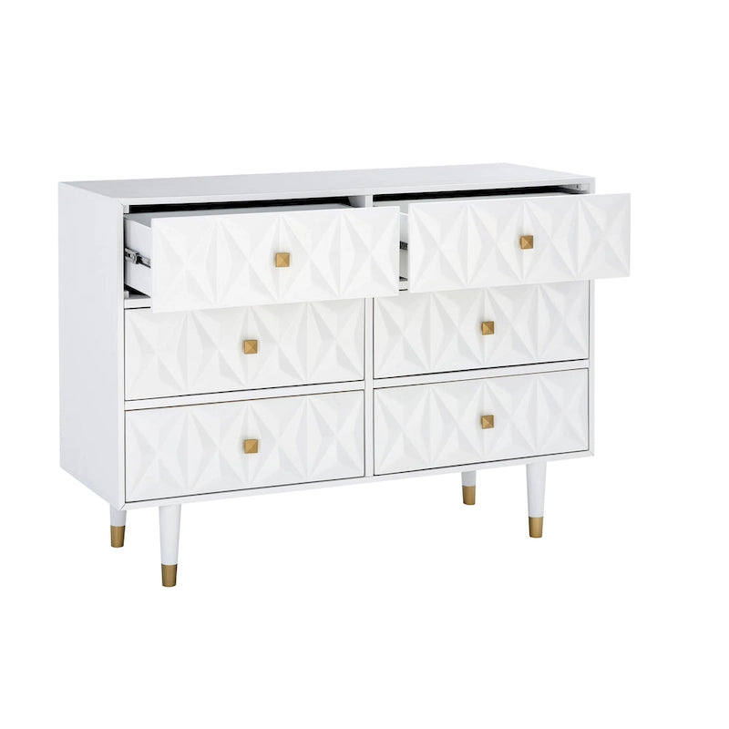 White Six-Drawer Dresser with Gold Geometric Textured Glam Tapered Legs