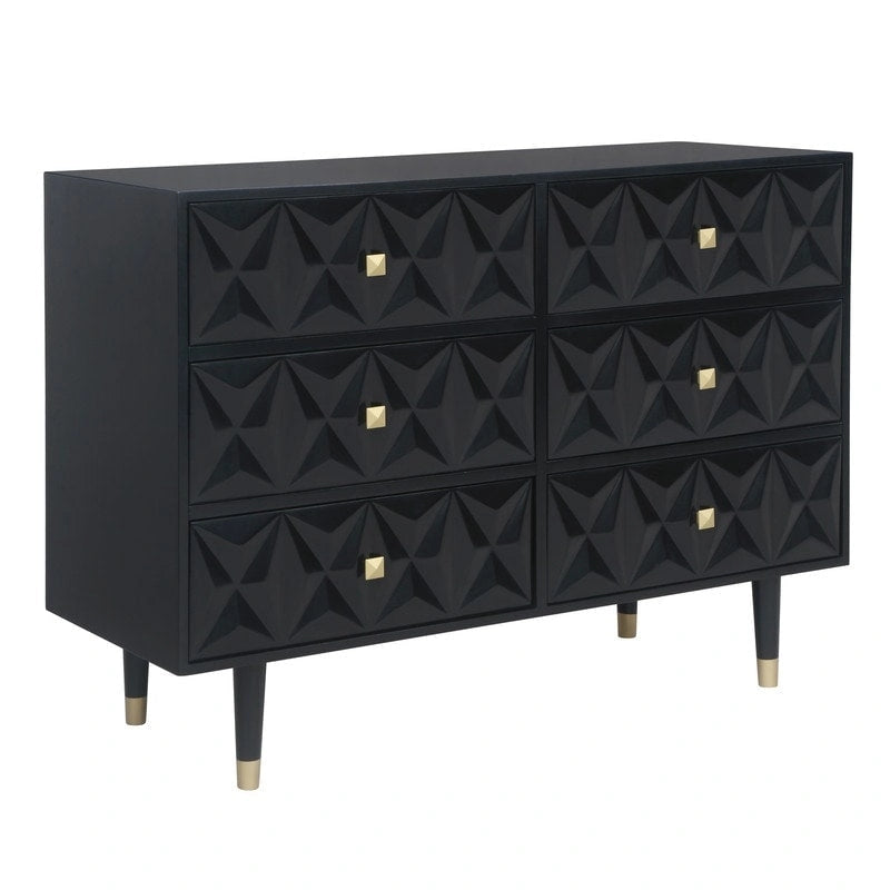 White Six-Drawer Dresser with Gold Geometric Textured Glam Tapered Legs