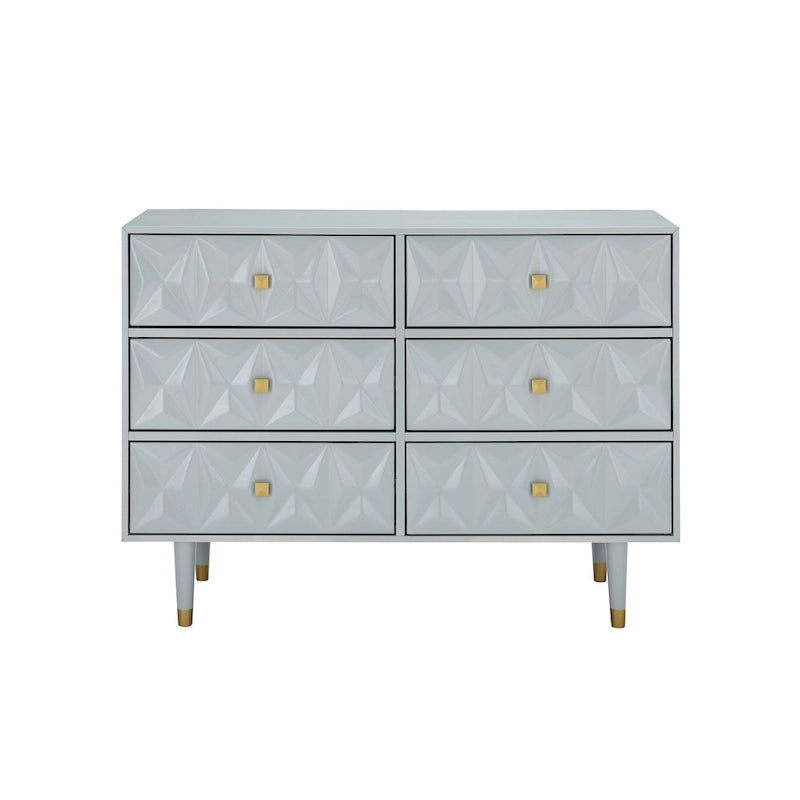 White Six-Drawer Dresser with Gold Geometric Textured Glam Tapered Legs