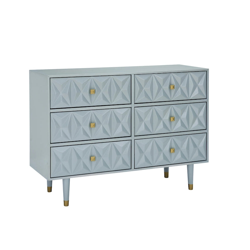 White Six-Drawer Dresser with Gold Geometric Textured Glam Tapered Legs