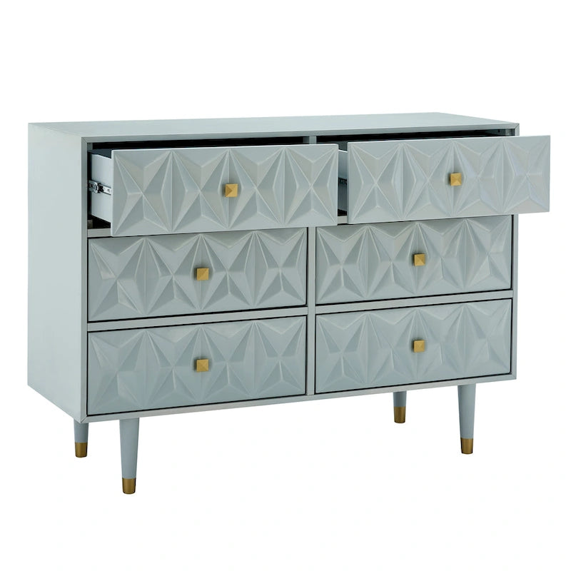 White Six-Drawer Dresser with Gold Geometric Textured Glam Tapered Legs