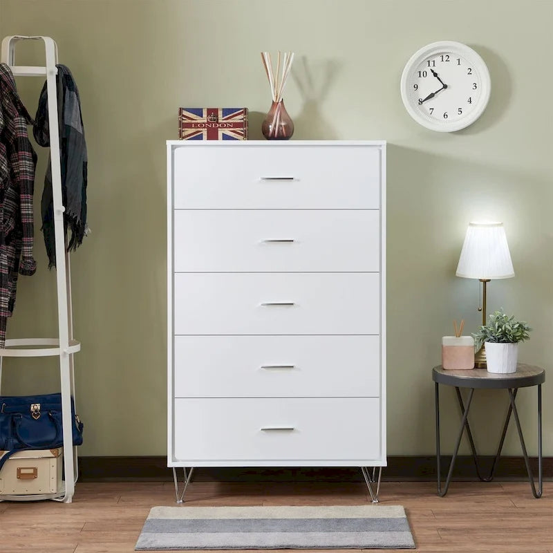 5-Drawer Chest of Drawers with Chrome Legs White Walnut Finish