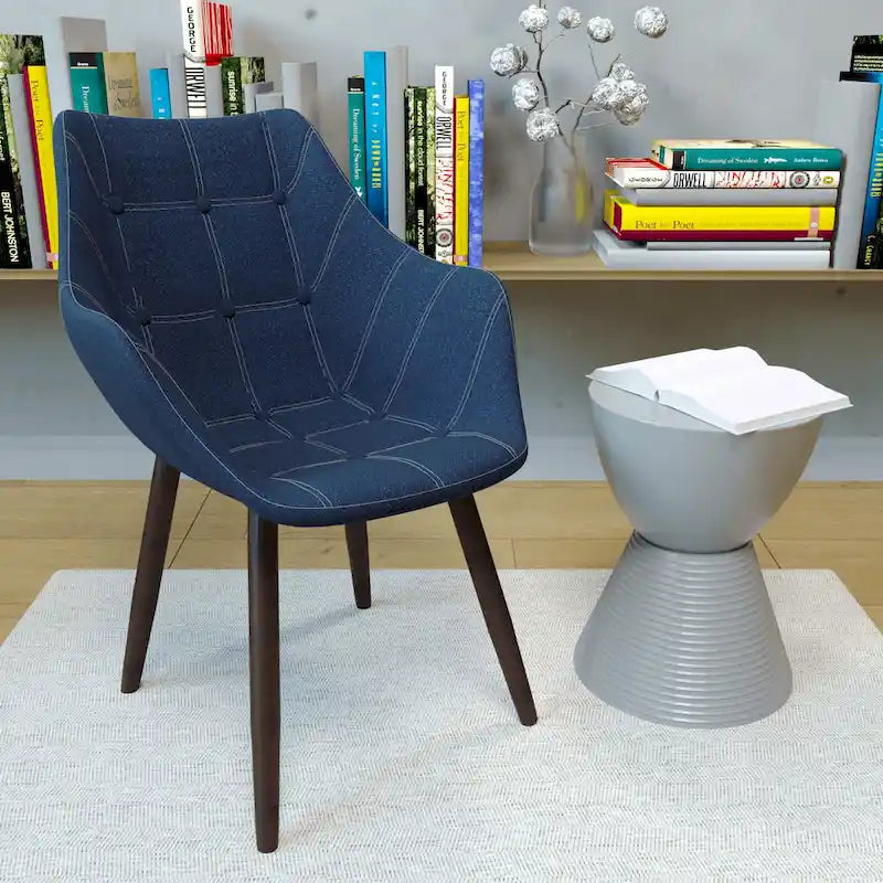 Tufted Denim Upholstered Barrel Armchair with Dark Walnut Beech Wood Legs