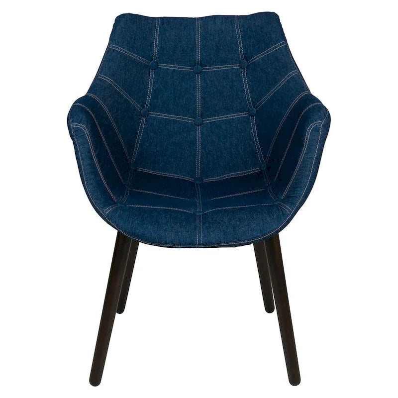 Tufted Denim Upholstered Barrel Armchair with Dark Walnut Beech Wood Legs