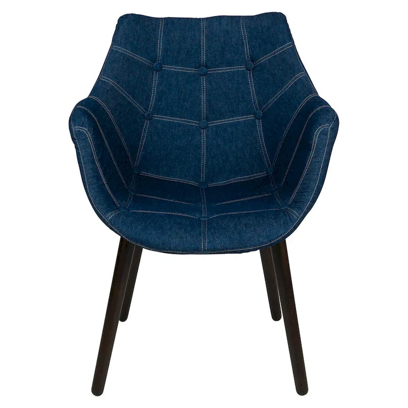 Tufted Denim Upholstered Barrel Armchair with Dark Walnut Beech Wood Legs