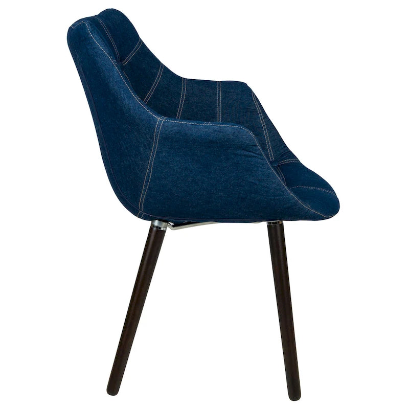 Tufted Denim Upholstered Barrel Armchair with Dark Walnut Beech Wood Legs