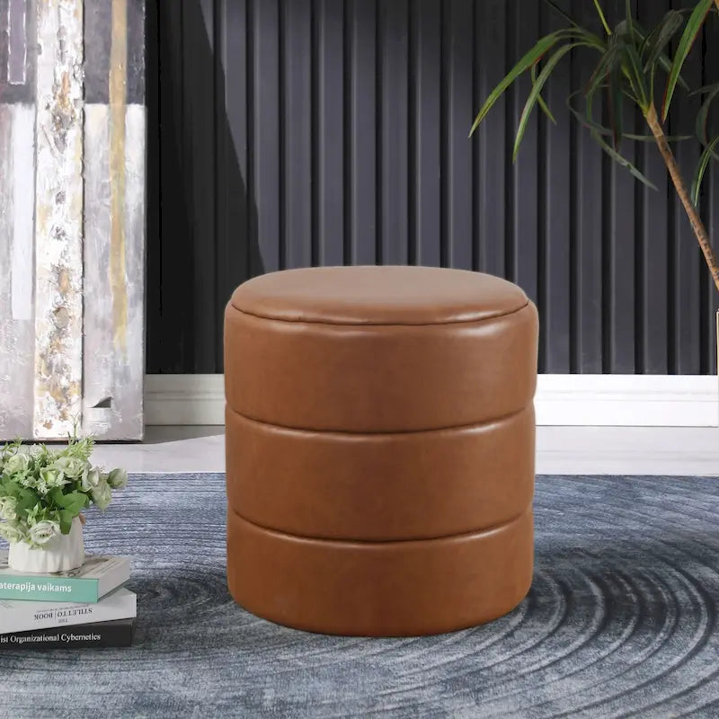 Round Channeled Upholstered Ottoman Footrest Caramel Faux Leather Modern Accent