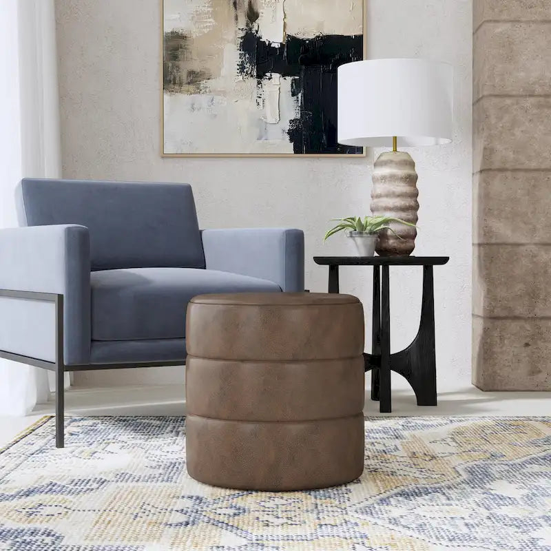 Round Channeled Upholstered Ottoman Footrest Caramel Faux Leather Modern Accent