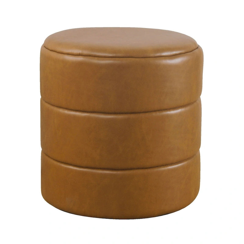 Round Channeled Upholstered Ottoman Footrest Caramel Faux Leather Modern Accent