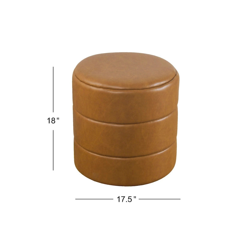 Round Channeled Upholstered Ottoman Footrest Caramel Faux Leather Modern Accent