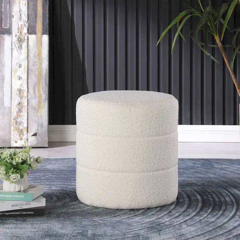 Round Channeled Upholstered Ottoman Footrest Caramel Faux Leather Modern Accent