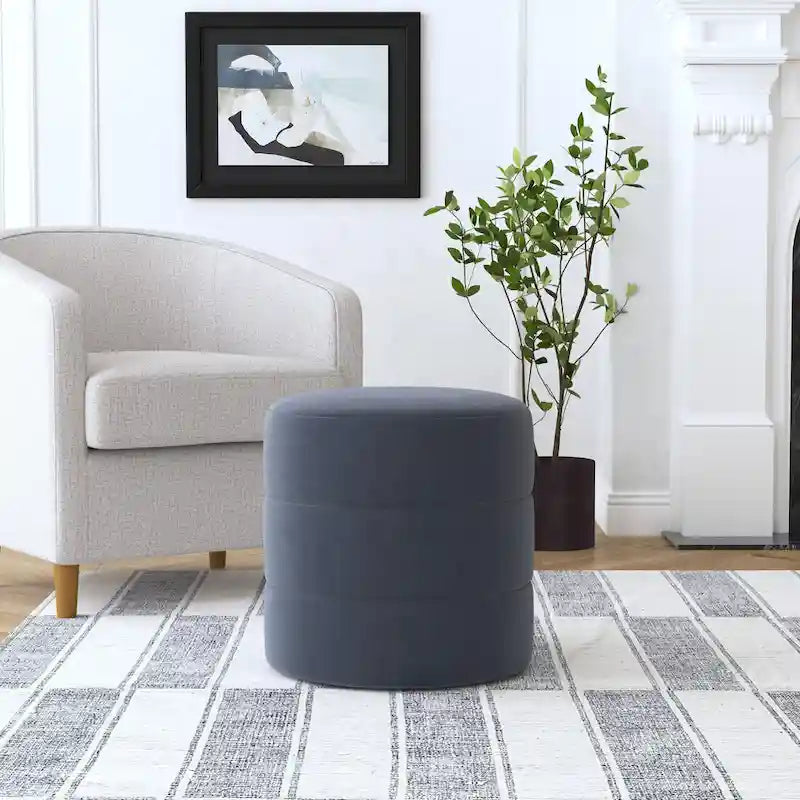 Round Channeled Upholstered Ottoman Footrest Caramel Faux Leather Modern Accent