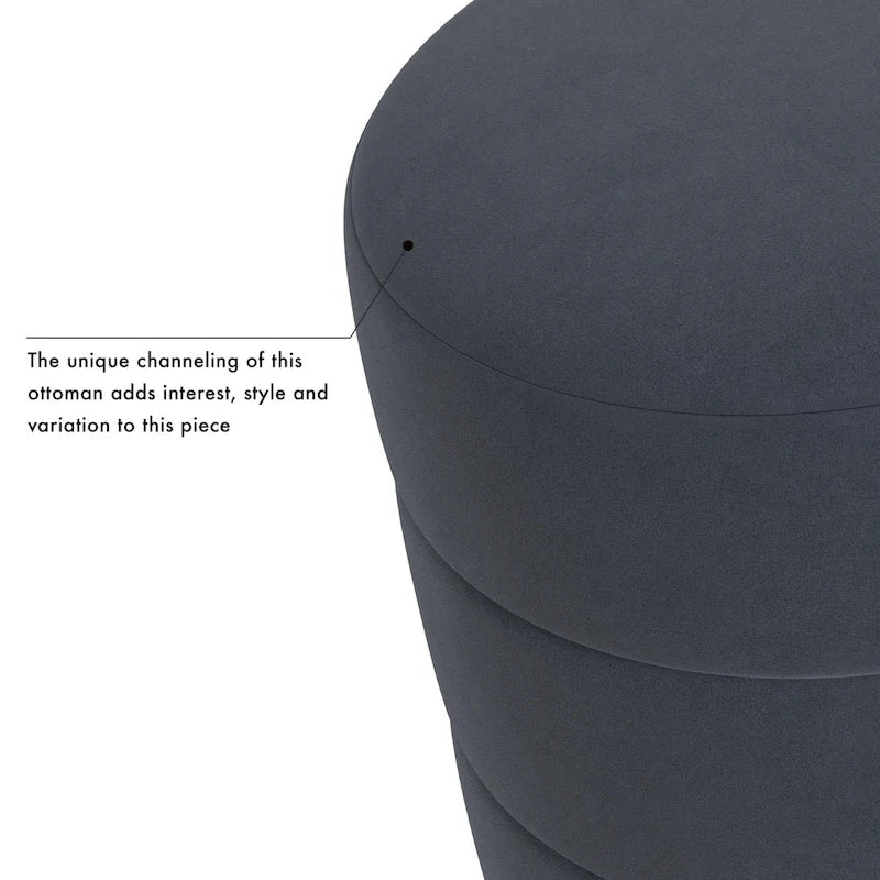 Round Channeled Upholstered Ottoman Footrest Caramel Faux Leather Modern Accent