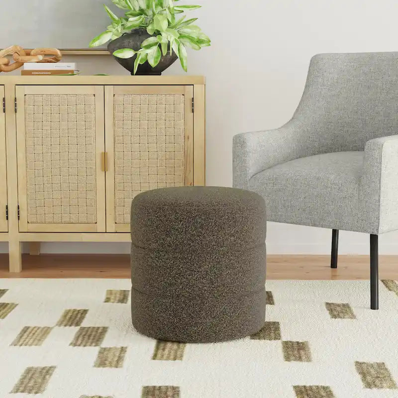 Round Channeled Upholstered Ottoman Footrest Caramel Faux Leather Modern Accent