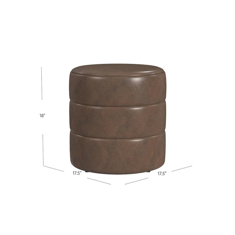 Round Channeled Upholstered Ottoman Footrest Caramel Faux Leather Modern Accent