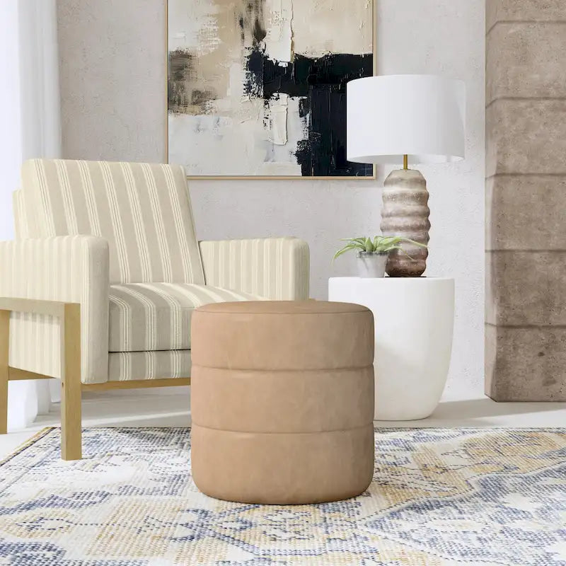 Round Channeled Upholstered Ottoman Footrest Caramel Faux Leather Modern Accent