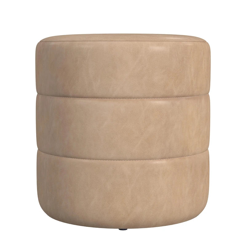 Round Channeled Upholstered Ottoman Footrest Caramel Faux Leather Modern Accent
