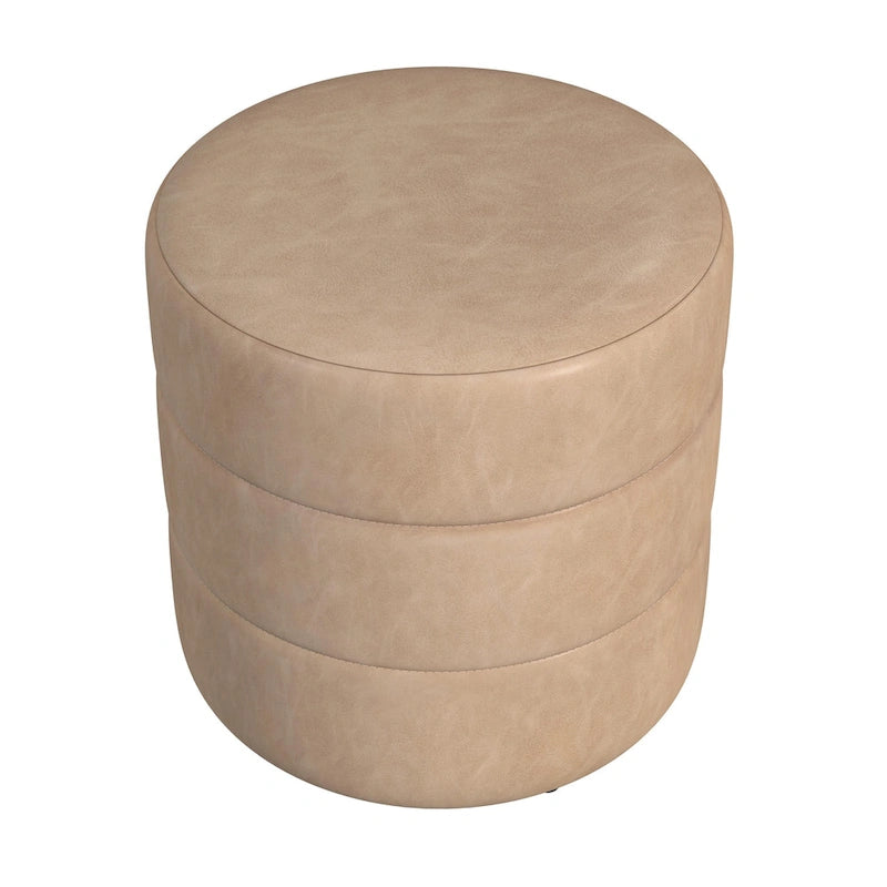Round Channeled Upholstered Ottoman Footrest Caramel Faux Leather Modern Accent