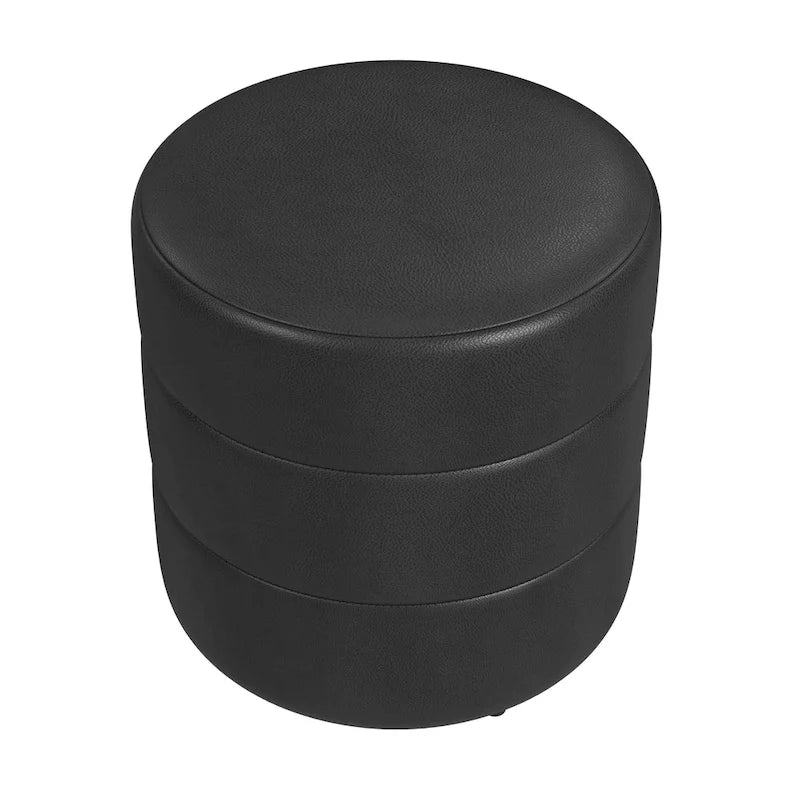 Round Channeled Upholstered Ottoman Footrest Caramel Faux Leather Modern Accent