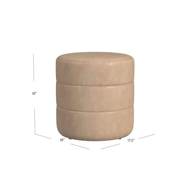 Round Channeled Upholstered Ottoman Footrest Caramel Faux Leather Modern Accent