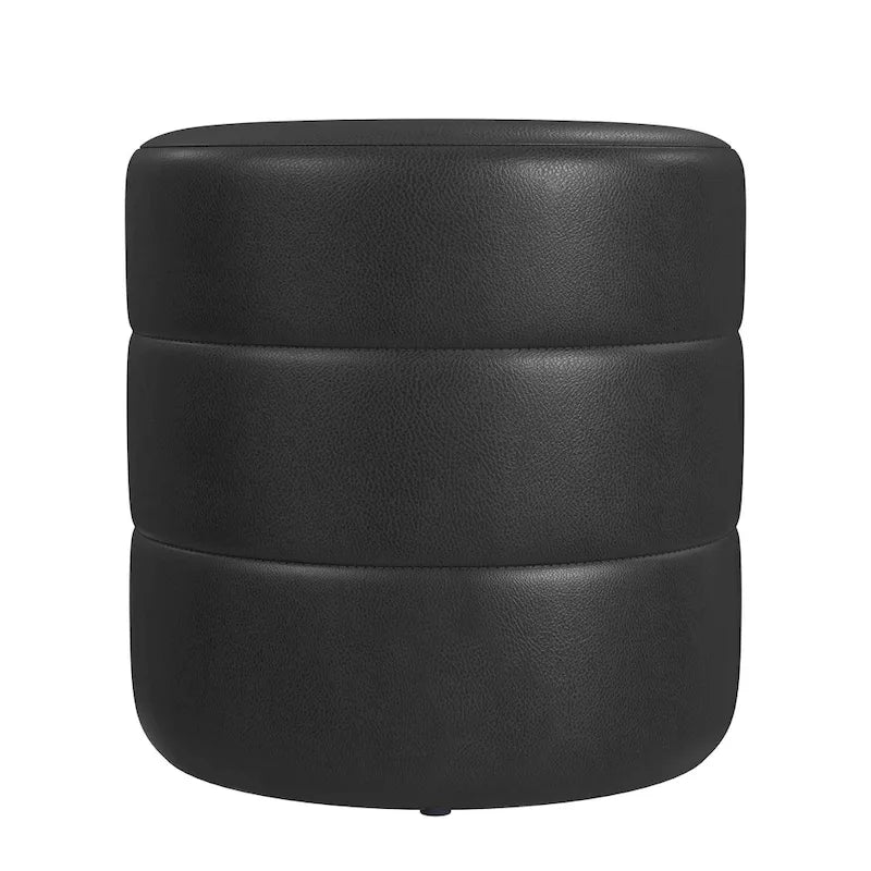 Round Channeled Upholstered Ottoman Footrest Caramel Faux Leather Modern Accent