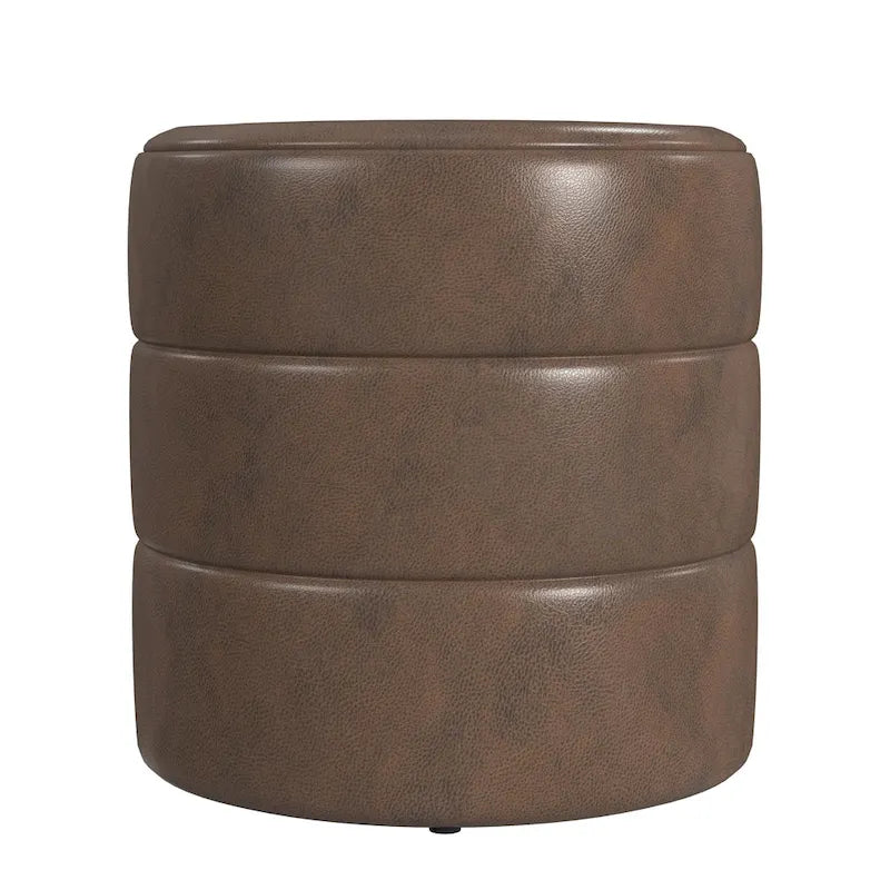Round Channeled Upholstered Ottoman Footrest Caramel Faux Leather Modern Accent