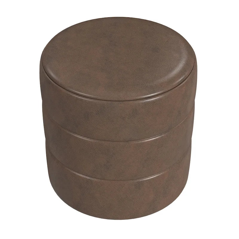 Round Channeled Upholstered Ottoman Footrest Caramel Faux Leather Modern Accent