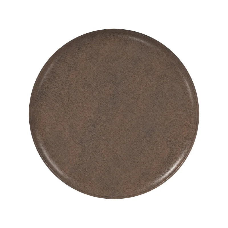 Round Channeled Upholstered Ottoman Footrest Caramel Faux Leather Modern Accent
