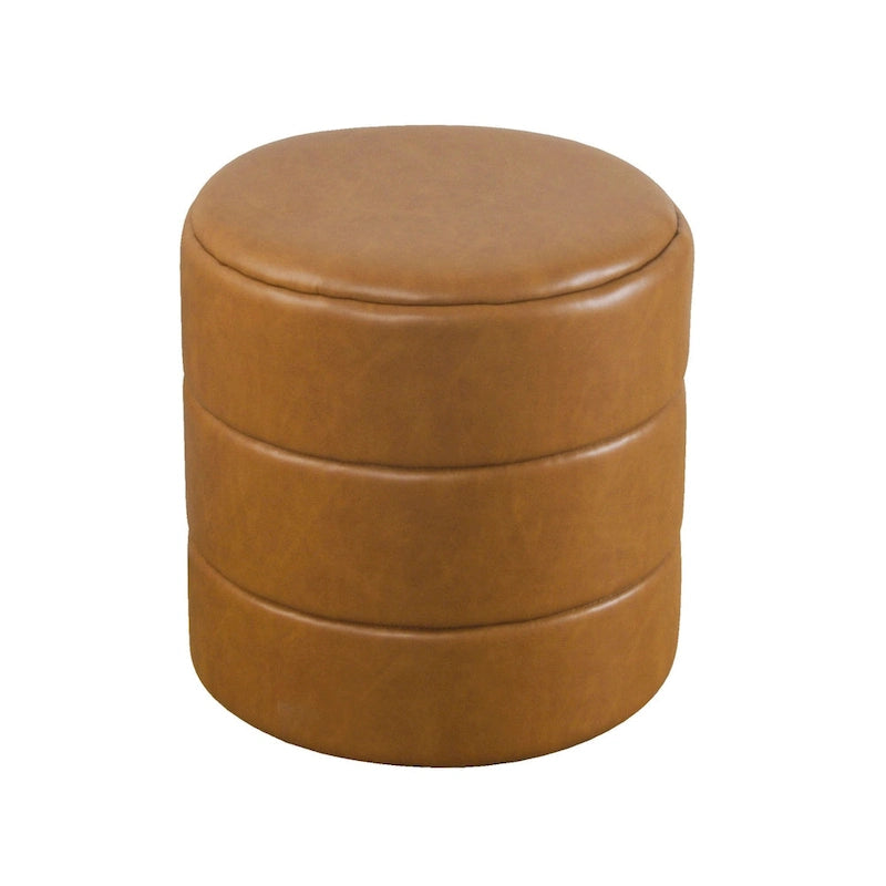 Round Channeled Upholstered Ottoman Footrest Caramel Faux Leather Modern Accent