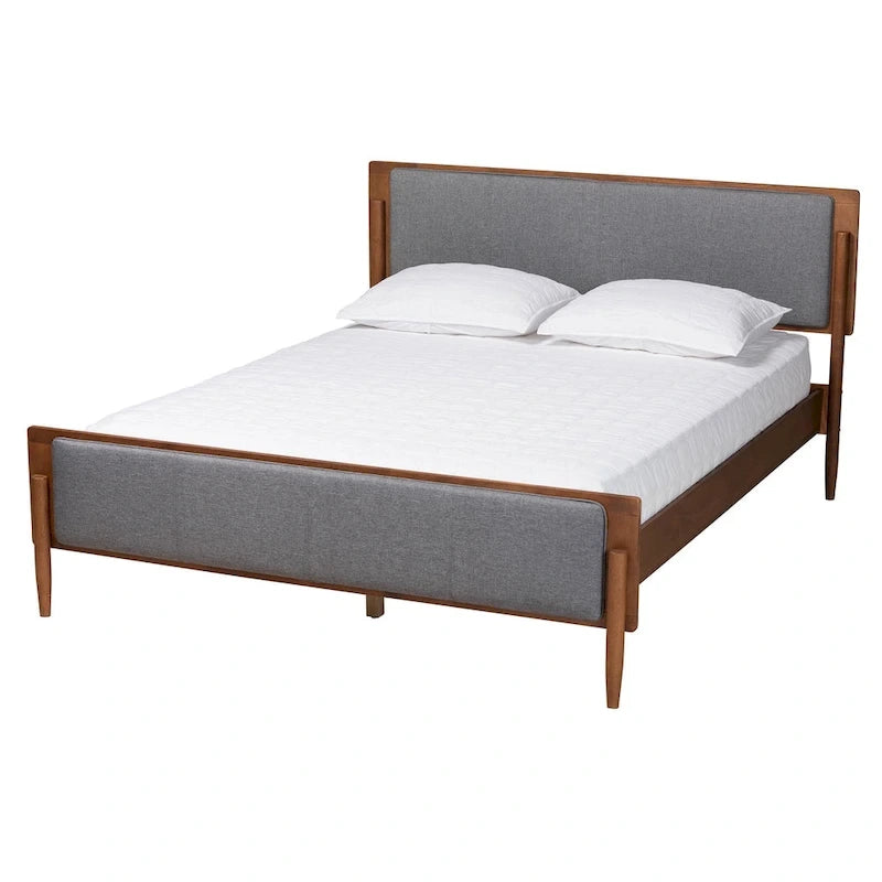 Mid-Century Modern Grey Fabric Ash Walnut Wood Platform Bed