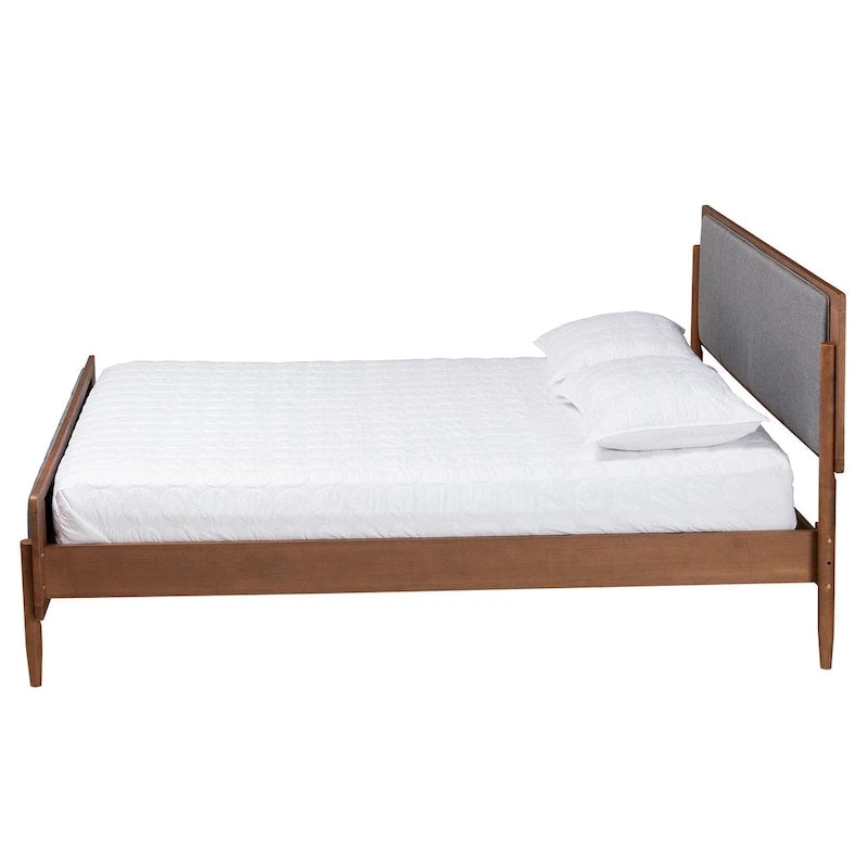 Mid-Century Modern Grey Fabric Ash Walnut Wood Platform Bed