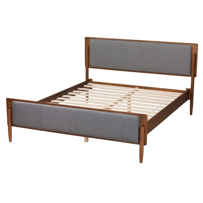 Mid-Century Modern Grey Fabric Ash Walnut Wood Platform Bed