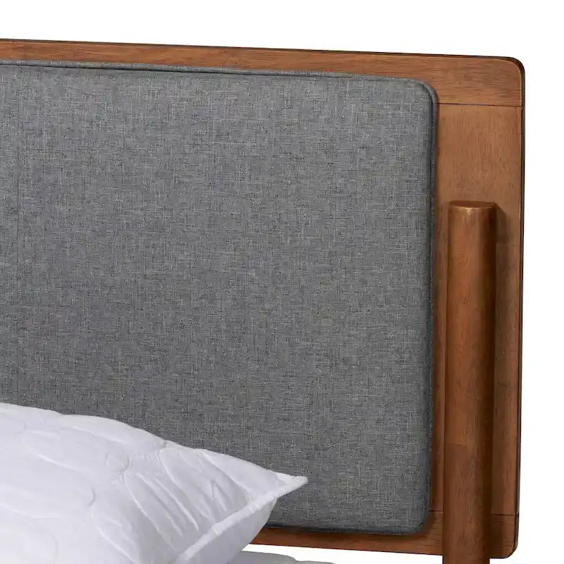 Mid-Century Modern Grey Fabric Ash Walnut Wood Platform Bed
