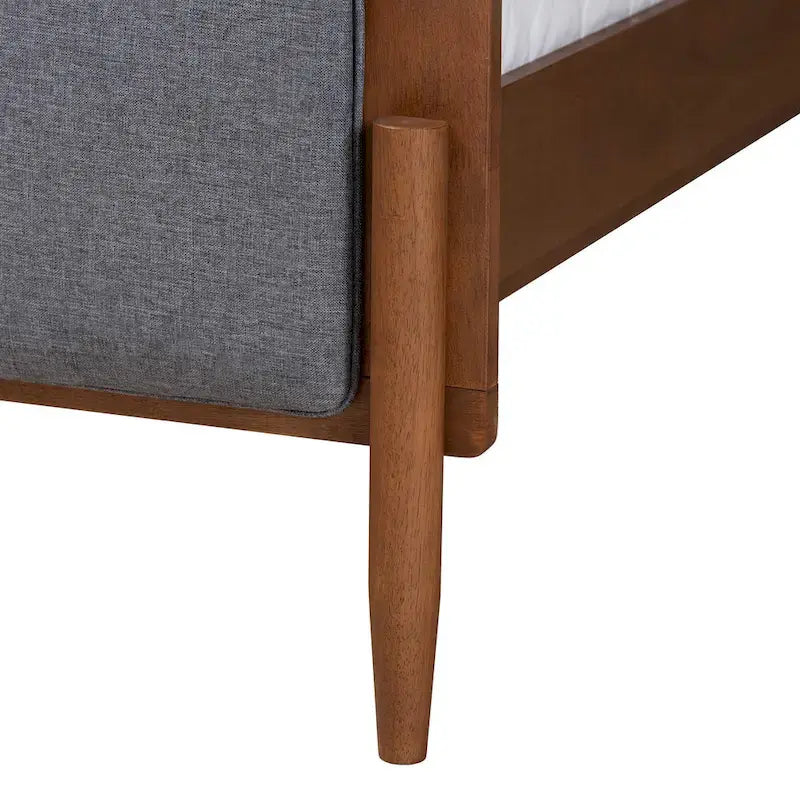 Mid-Century Modern Grey Fabric Ash Walnut Wood Platform Bed