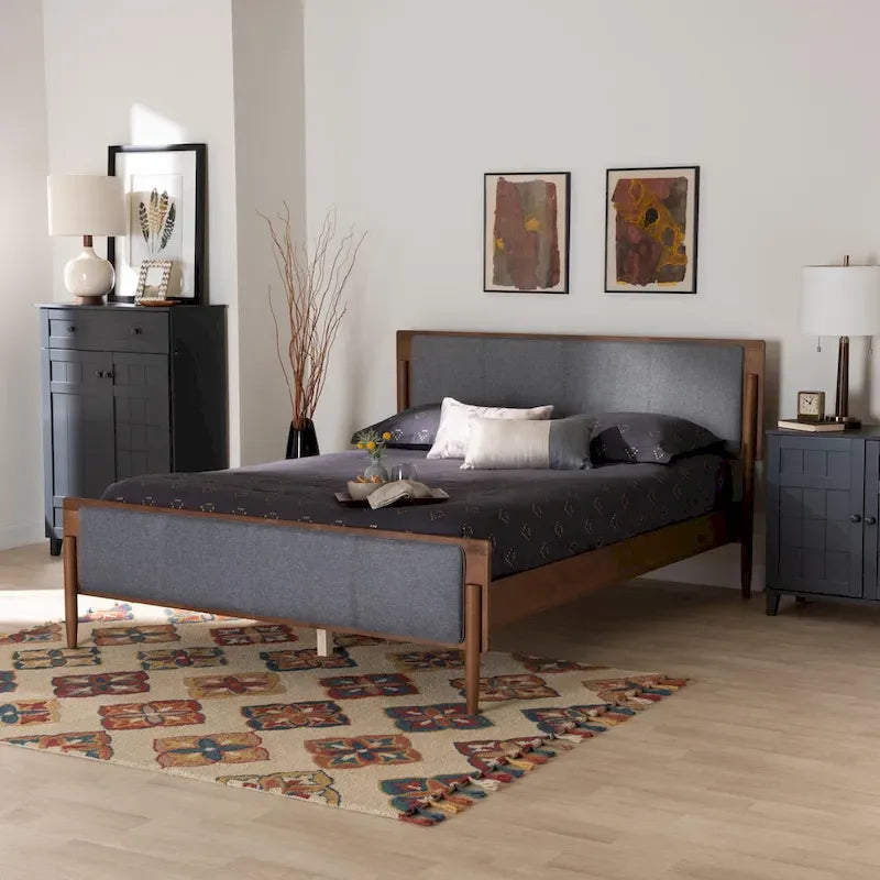 Mid-Century Modern Grey Fabric Ash Walnut Wood Platform Bed
