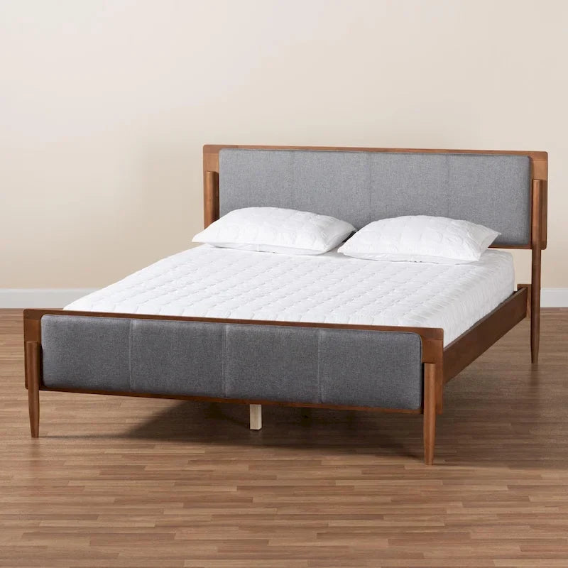 Mid-Century Modern Grey Fabric Ash Walnut Wood Platform Bed