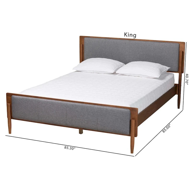Mid-Century Modern Grey Fabric Ash Walnut Wood Platform Bed