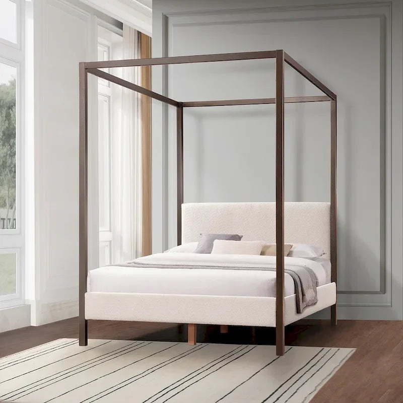 Pearl White Queen Platform Bed with Boucle Fabric Upholstered Canopy Frame