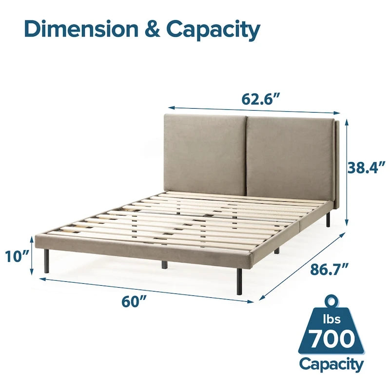 Latte Velvet Upholstered Platform Bed Frame with Split Panel Headboard