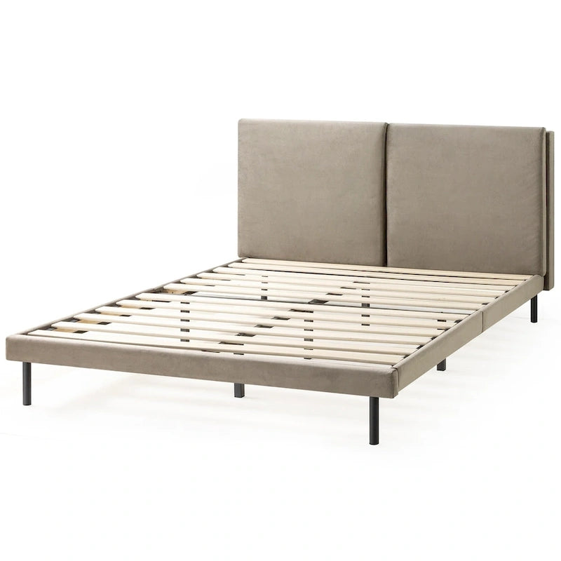 Latte Velvet Upholstered Platform Bed Frame with Split Panel Headboard