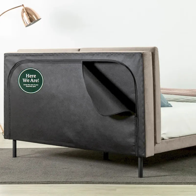 Latte Velvet Upholstered Platform Bed Frame with Split Panel Headboard