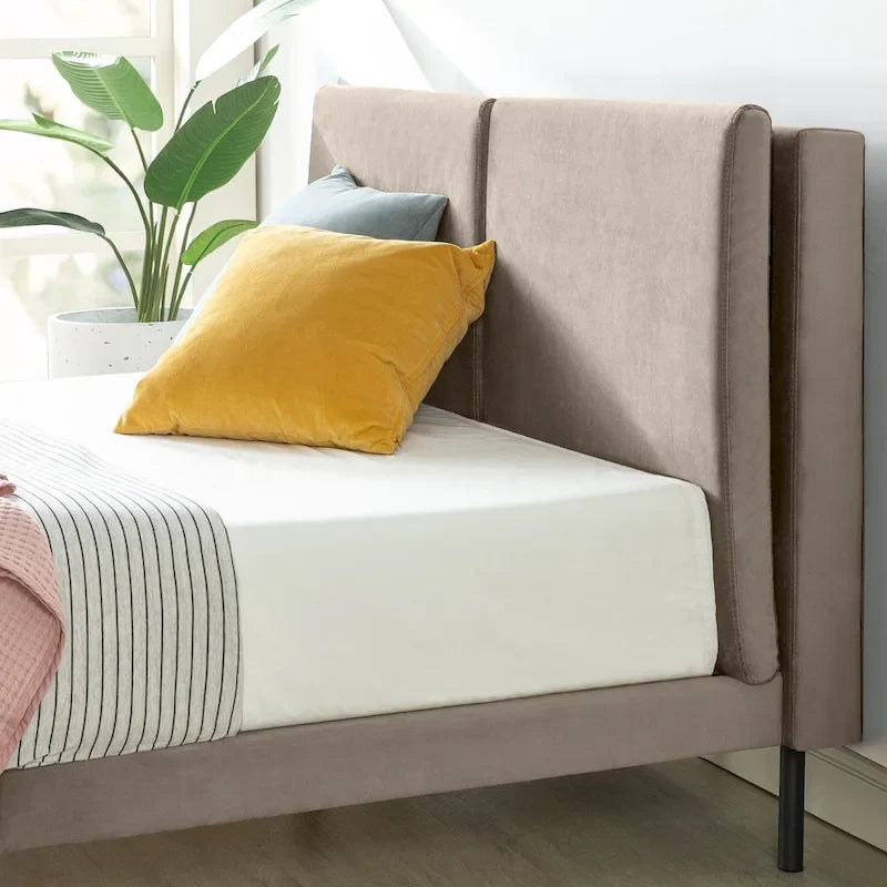 Latte Velvet Upholstered Platform Bed Frame with Split Panel Headboard